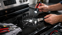 cracked glass top on electric range in modern kitchen with repair tools nearby and natural lighting