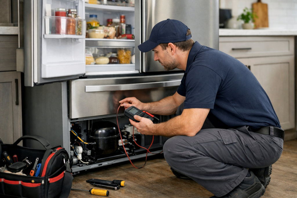 Technician inspecting open French door refrigerator with tools in modern kitchen setting