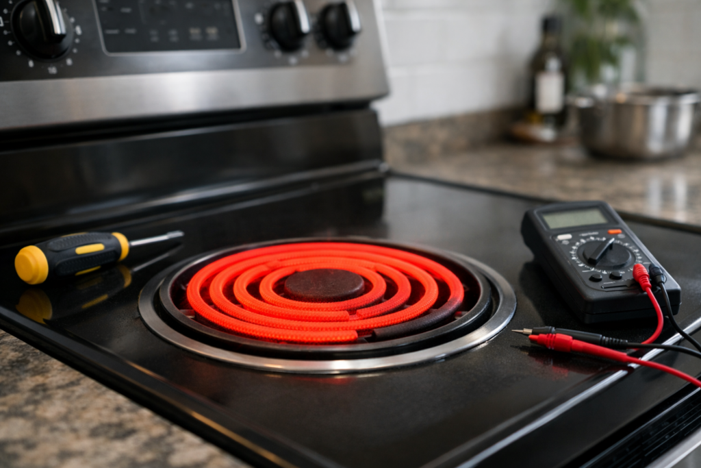 electric range burner glowing red hot on modern stove in clean kitchen with repair tools nearby