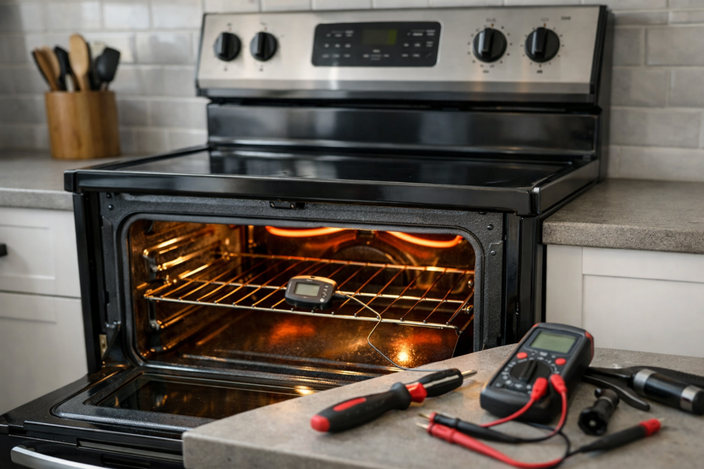 Electric range oven in a modern kitchen with a digital display showing preheating in progress and repair tools nearby