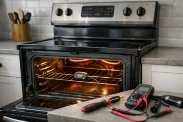 Electric range oven in a modern kitchen with a digital display showing preheating in progress and repair tools nearby
