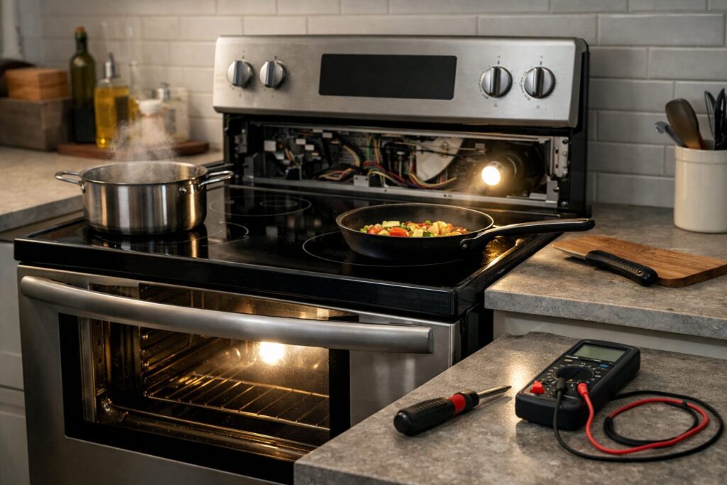 Electric range with control panel lit up in a modern kitchen showing troubleshooting or repair scenario without people