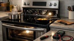Electric range with control panel lit up in a modern kitchen showing troubleshooting or repair scenario without people
