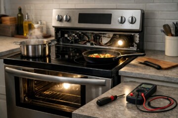 Electric range with control panel lit up in a modern kitchen showing troubleshooting or repair scenario without people