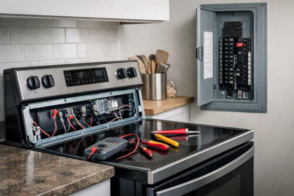 Electric range with open breaker panel and multimeter testing electrical circuit in modern kitchen setting