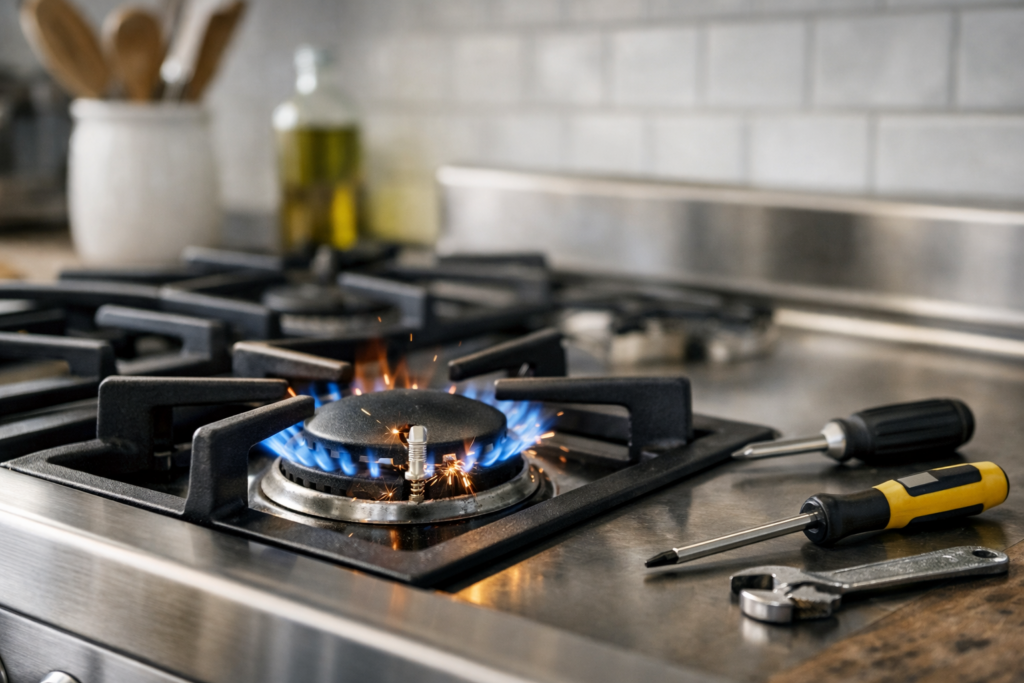 Close-up of a gas range burner with ignition clicking mechanism in a modern kitchen setting without people visible
