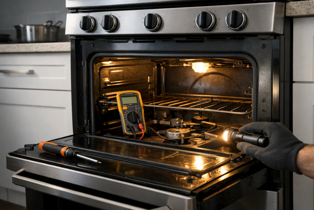 Gas range oven with open door in modern kitchen showing control panel and burner knobs, suggesting appliance troubleshooting