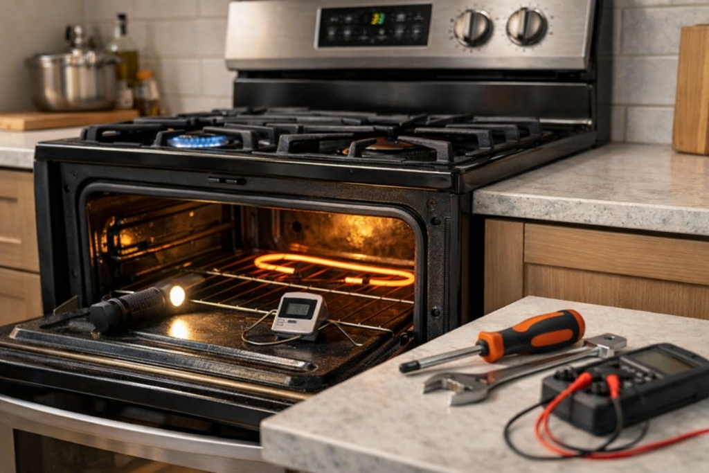 modern kitchen gas range oven with open door showing interior and control knobs in bright natural light