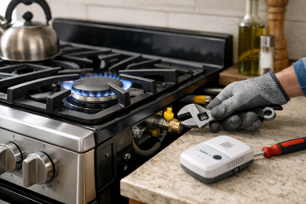 Close-up of a modern gas range stove in a clean kitchen with a visible gas burner and control knobs turned off