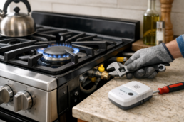 Close-up of a modern gas range stove in a clean kitchen with a visible gas burner and control knobs turned off