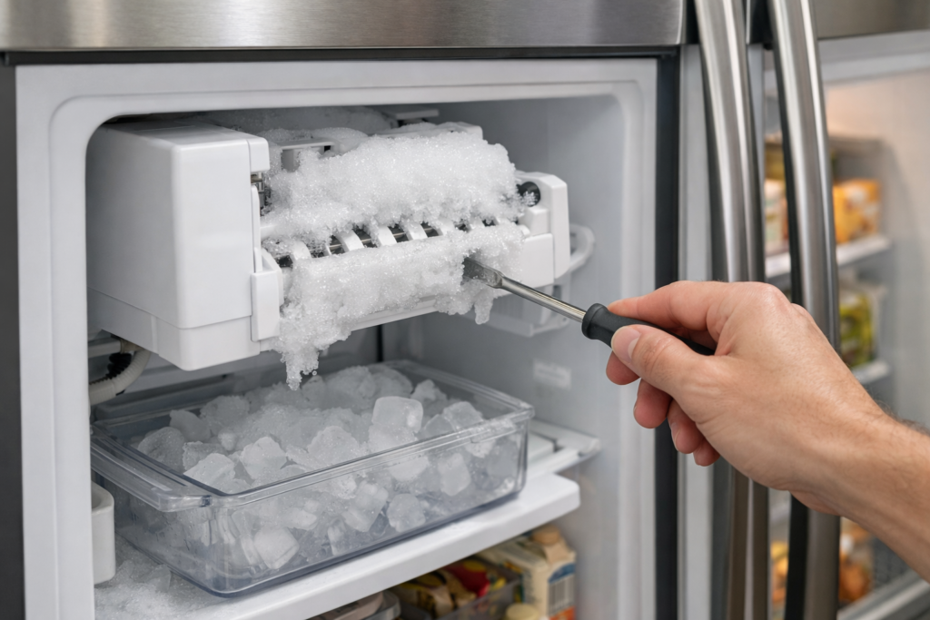 Technician inspecting ice maker compartment inside a modern French door refrigerator in a bright kitchen setting