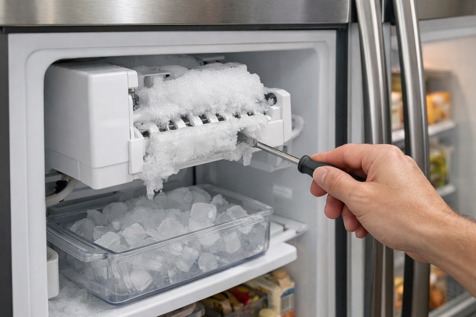 Technician inspecting ice maker compartment inside a modern French door refrigerator in a bright kitchen setting