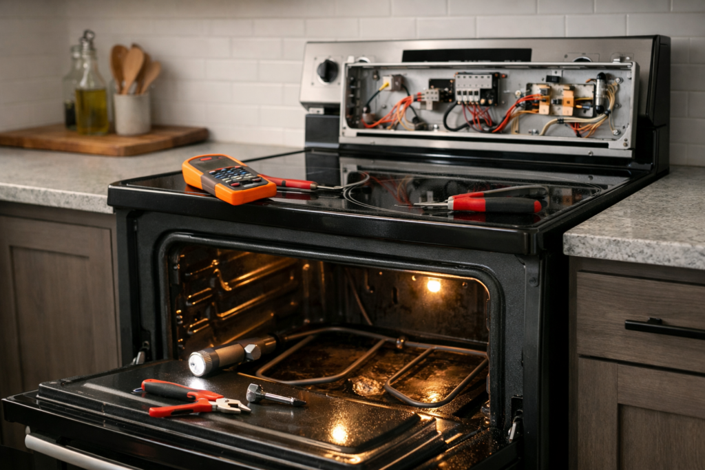 Close-up of an electric range stovetop with a technician's hand testing heating elements using a multimeter in a modern