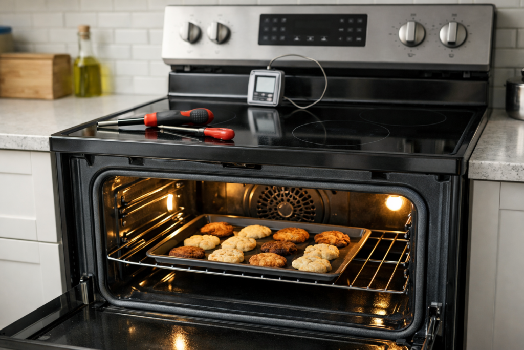 Electric range oven door open showing unevenly baked food inside in a modern kitchen setting with repair tools nearby