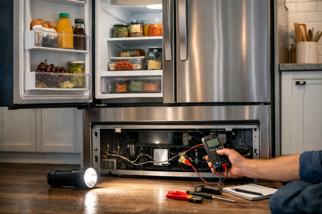 Technician inspecting a modern French door refrigerator in a bright kitchen to diagnose loud noise issues