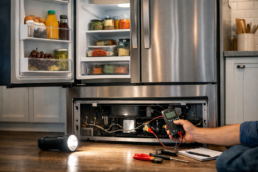 Technician inspecting a modern French door refrigerator in a bright kitchen to diagnose loud noise issues