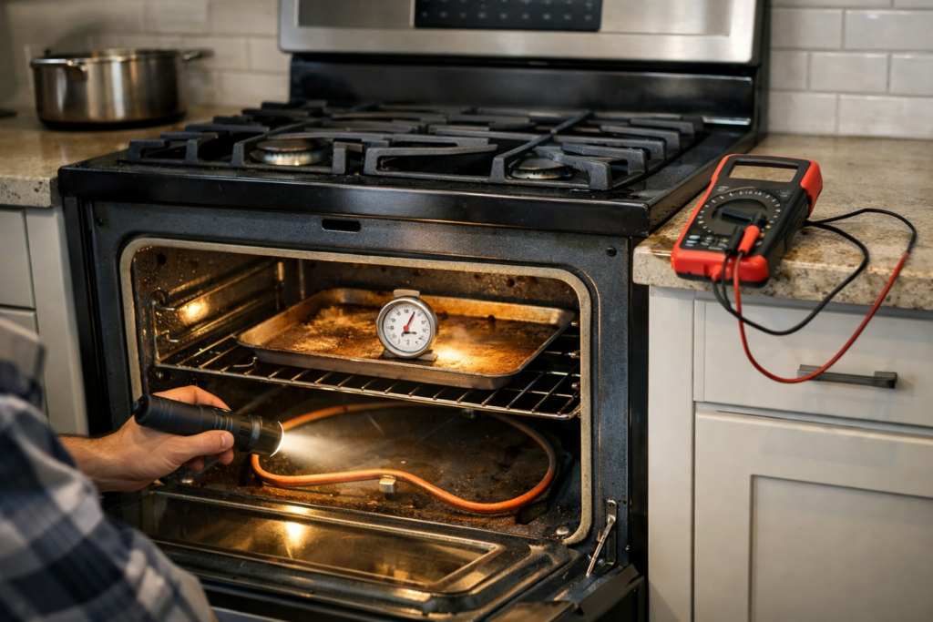 Gas range oven open with visible uneven heating inside in a modern kitchen setting with repair tools nearby