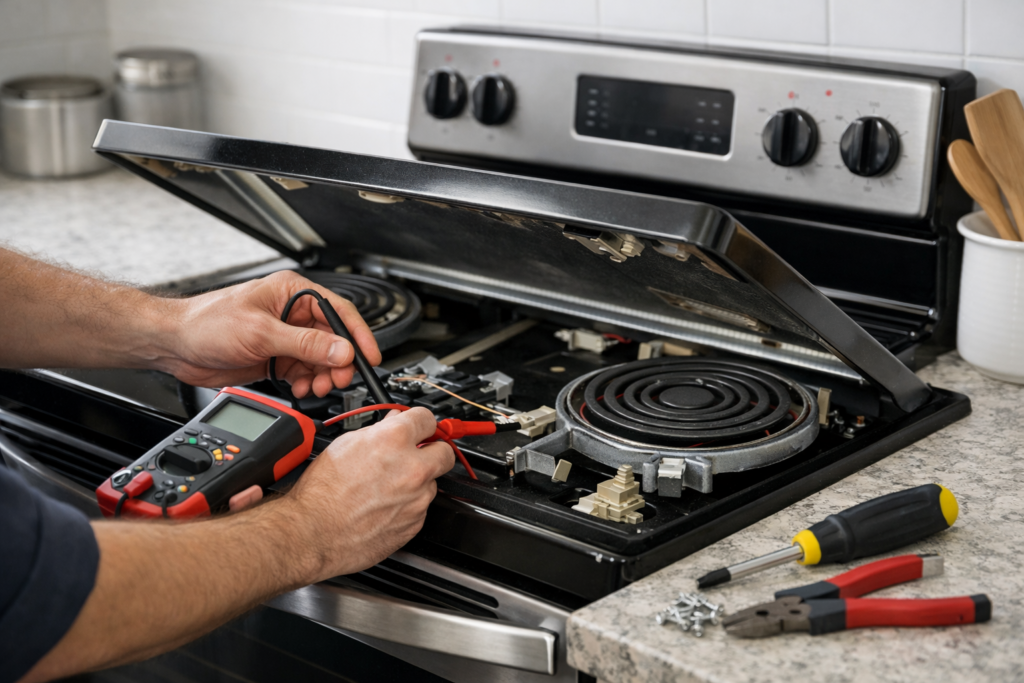 Close-up of an electric range with burners off in a modern kitchen setting showing a repair tool nearby