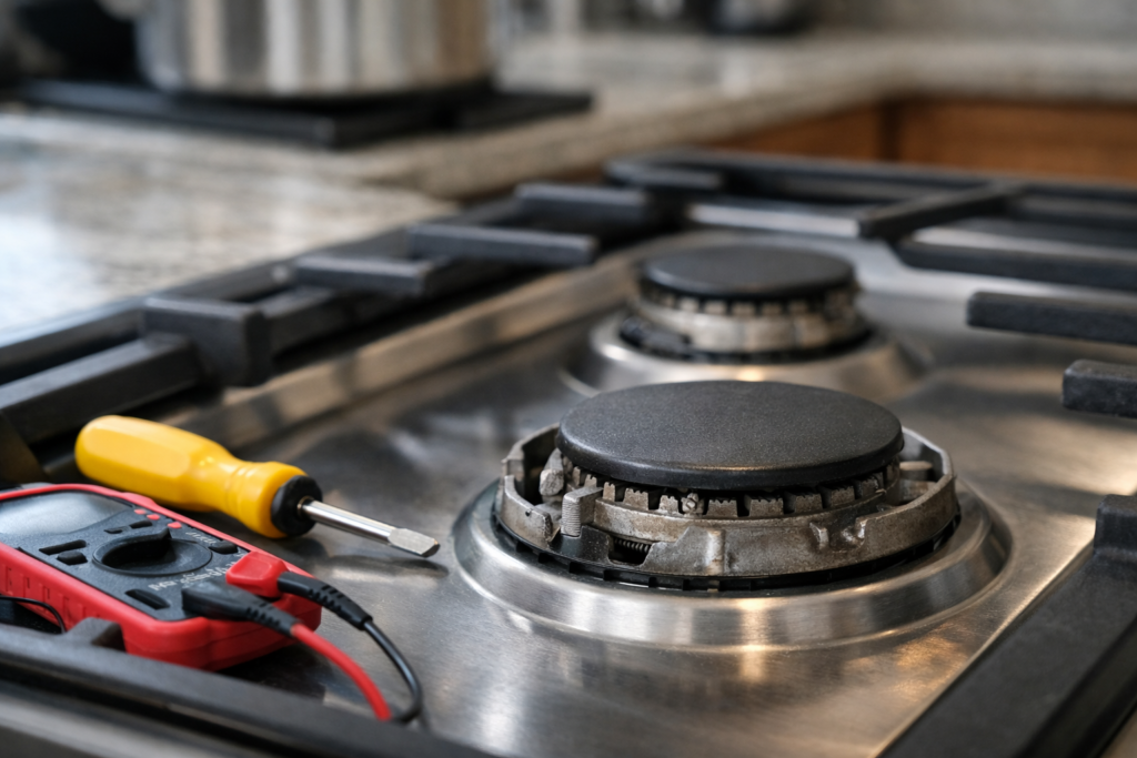 Close-up of a gas range burner with ignition issues in a modern kitchen setting showing repair tools nearby