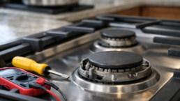 Close-up of a gas range burner with ignition issues in a modern kitchen setting showing repair tools nearby