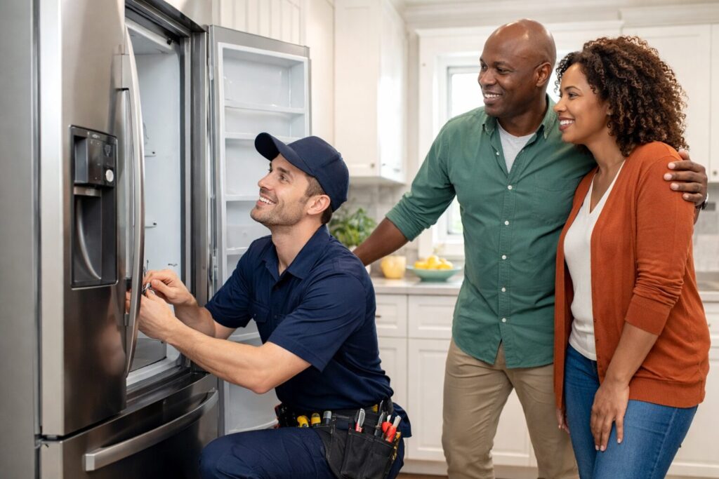 Appliance technician inspecting a modern kitchen stove while a homeowner watches and discusses repair details