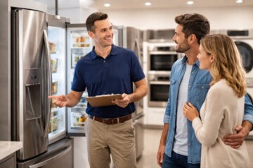 salesperson assisting customer with modern appliances in a bright appliance store showroom