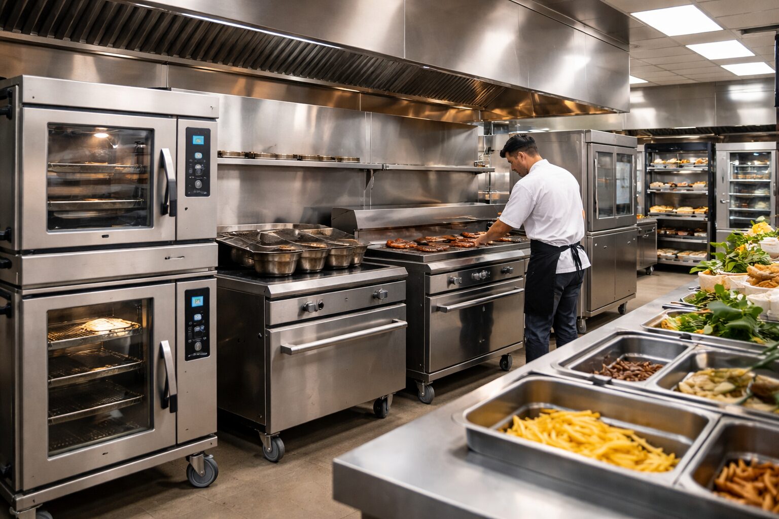 commercial kitchen with stainless steel ovens and prep stations in active restaurant environment without people