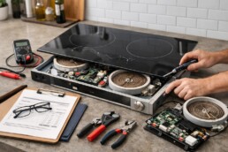 technician repairing a modern glass cooktop in a clean kitchen with repair tools and parts visible on the counter