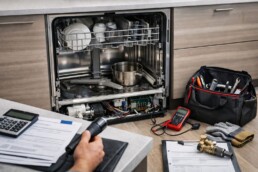 Technician repairing dishwasher pump inside a modern kitchen with repair tools and open appliance door visible