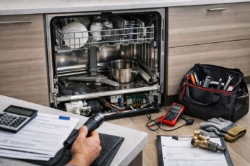 Technician repairing dishwasher pump inside a modern kitchen with repair tools and open appliance door visible