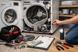 Technician repairing a dryer in a modern laundry room with tools, focusing on appliance repair and labor costs.