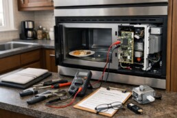 Technician repairing a built-in microwave in a modern kitchen with repair tools and diagnostic equipment nearby