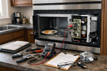 Technician repairing a built-in microwave in a modern kitchen with repair tools and diagnostic equipment nearby