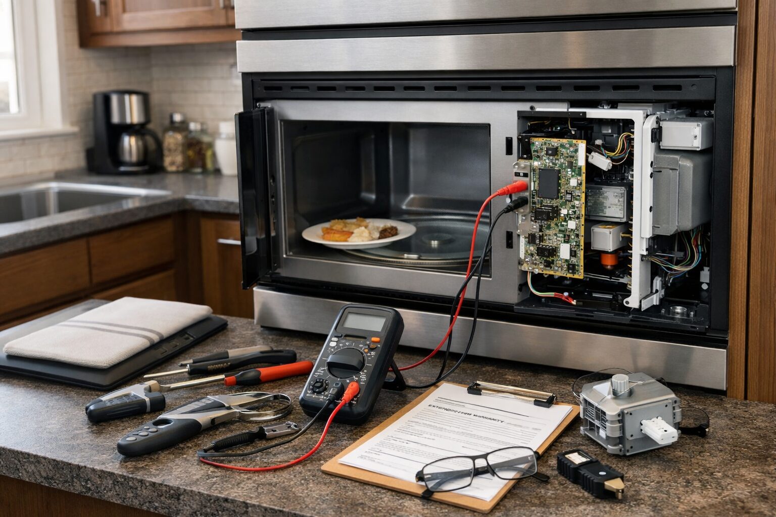 Technician repairing a built-in microwave in a modern kitchen with repair tools and diagnostic equipment nearby