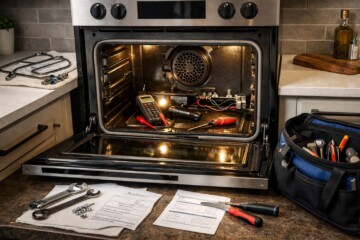 Close-up of a modern oven with repair tools and a technician’s diagnostic equipment on a kitchen countertop