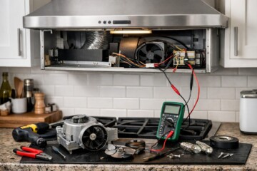 Technician repairing a modern kitchen range hood with tools in a clean, well-lit home environment