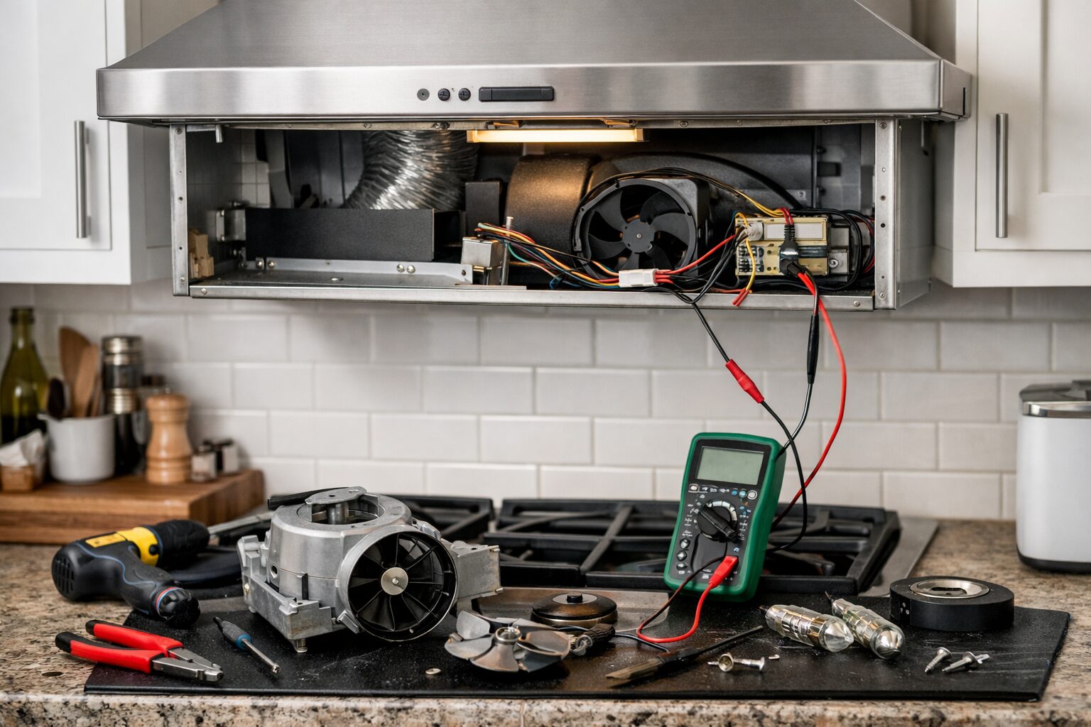 Technician repairing a modern kitchen range hood with tools in a clean, well-lit home environment