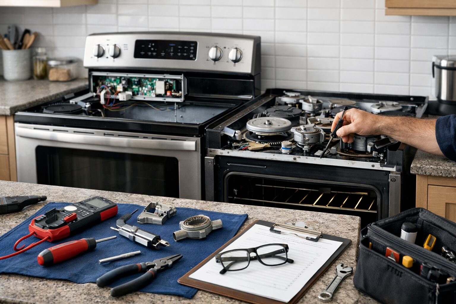 Technician repairing a modern kitchen range with tools in a well-lit contemporary home environment