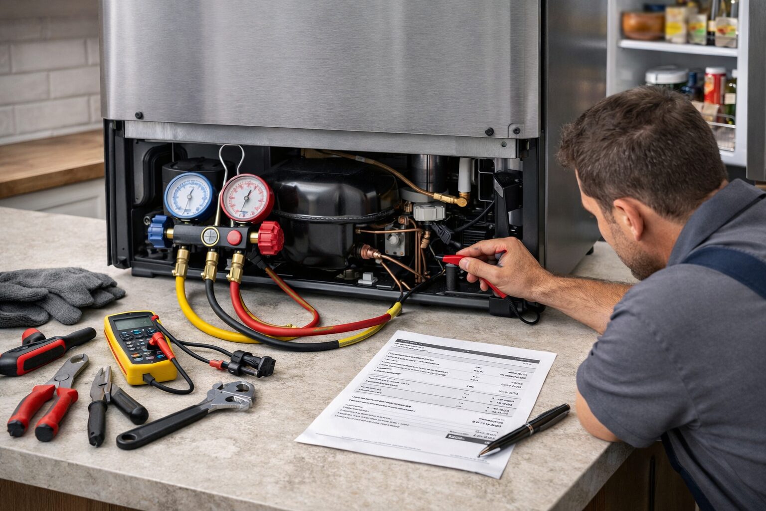 Technician inspecting refrigerator compressor in modern kitchen during repair service with tools on nearby counter