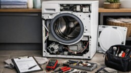 Technician repairing washing machine drum in modern laundry room with tools and diagnostic equipment nearby
