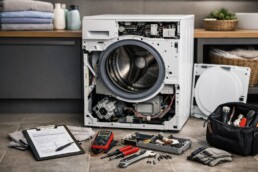 Technician repairing washing machine drum in modern laundry room with tools and diagnostic equipment nearby