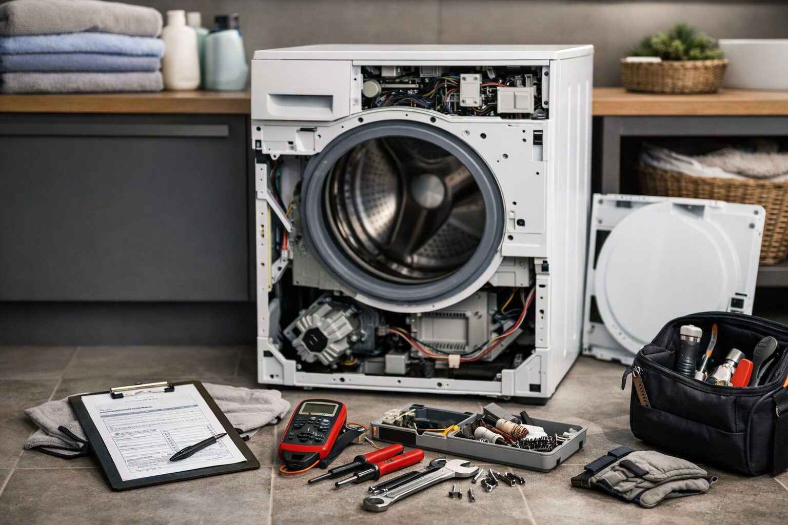 Technician repairing washing machine drum in modern laundry room with tools and diagnostic equipment nearby