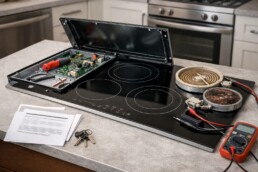 modern kitchen with a refurbished cooktop and warranty documents on the counter next to repair tools