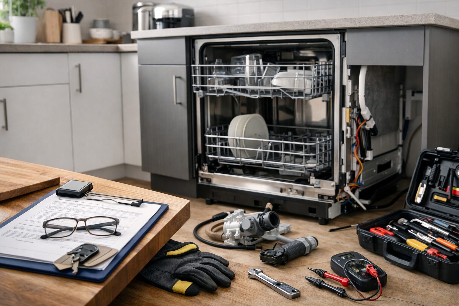 technician inspecting a dishwasher in a modern kitchen with repair tools nearby and warranty documents on the counter