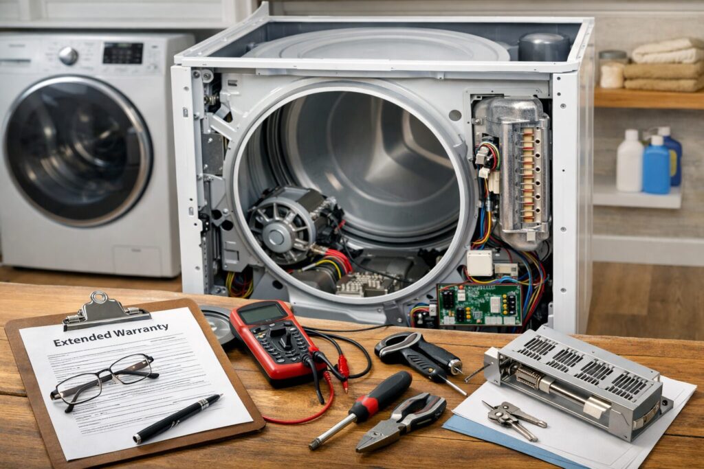 modern laundry room with a refurbished dryer and repair tools on a countertop indicating warranty and service considerations
