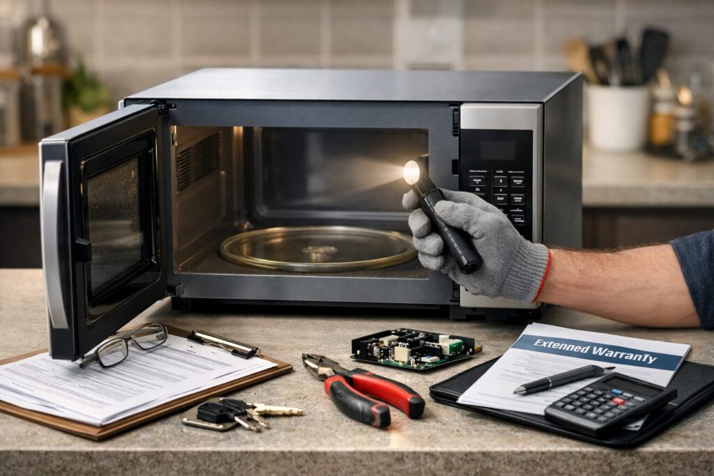 Technician inspecting a refurbished microwave in a modern kitchen setting with repair tools nearby and warranty documents