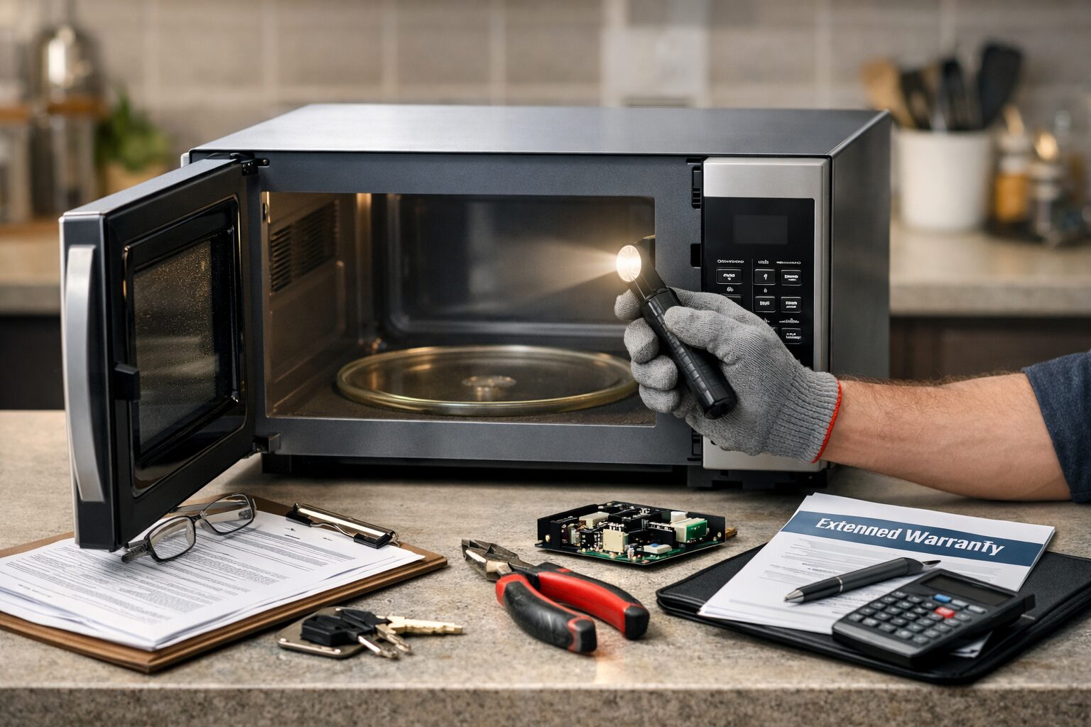 Technician inspecting a refurbished microwave in a modern kitchen setting with repair tools nearby and warranty documents