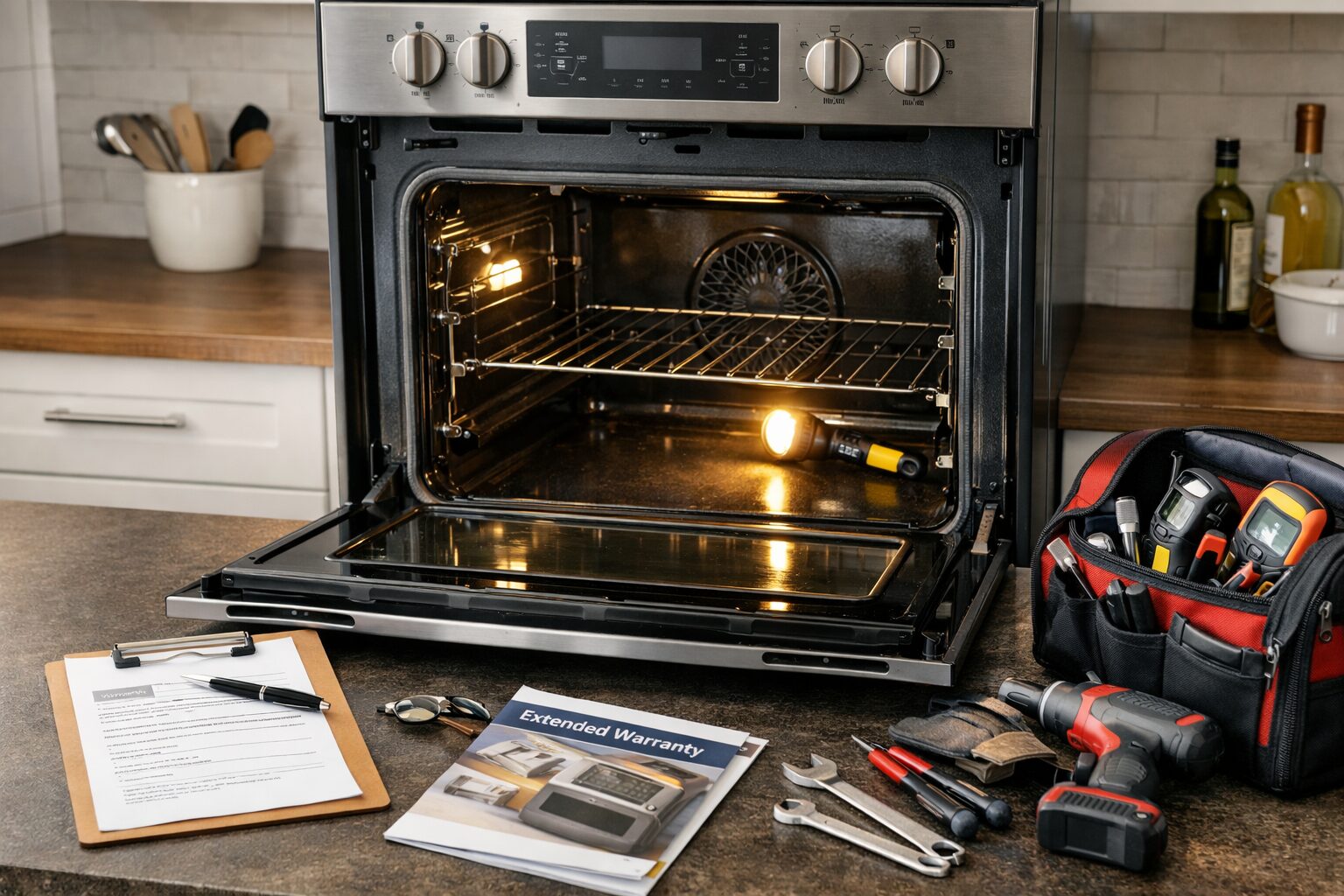 Technician inspecting a modern oven in a clean kitchen setting with repair tools nearby and warranty documents on the counter