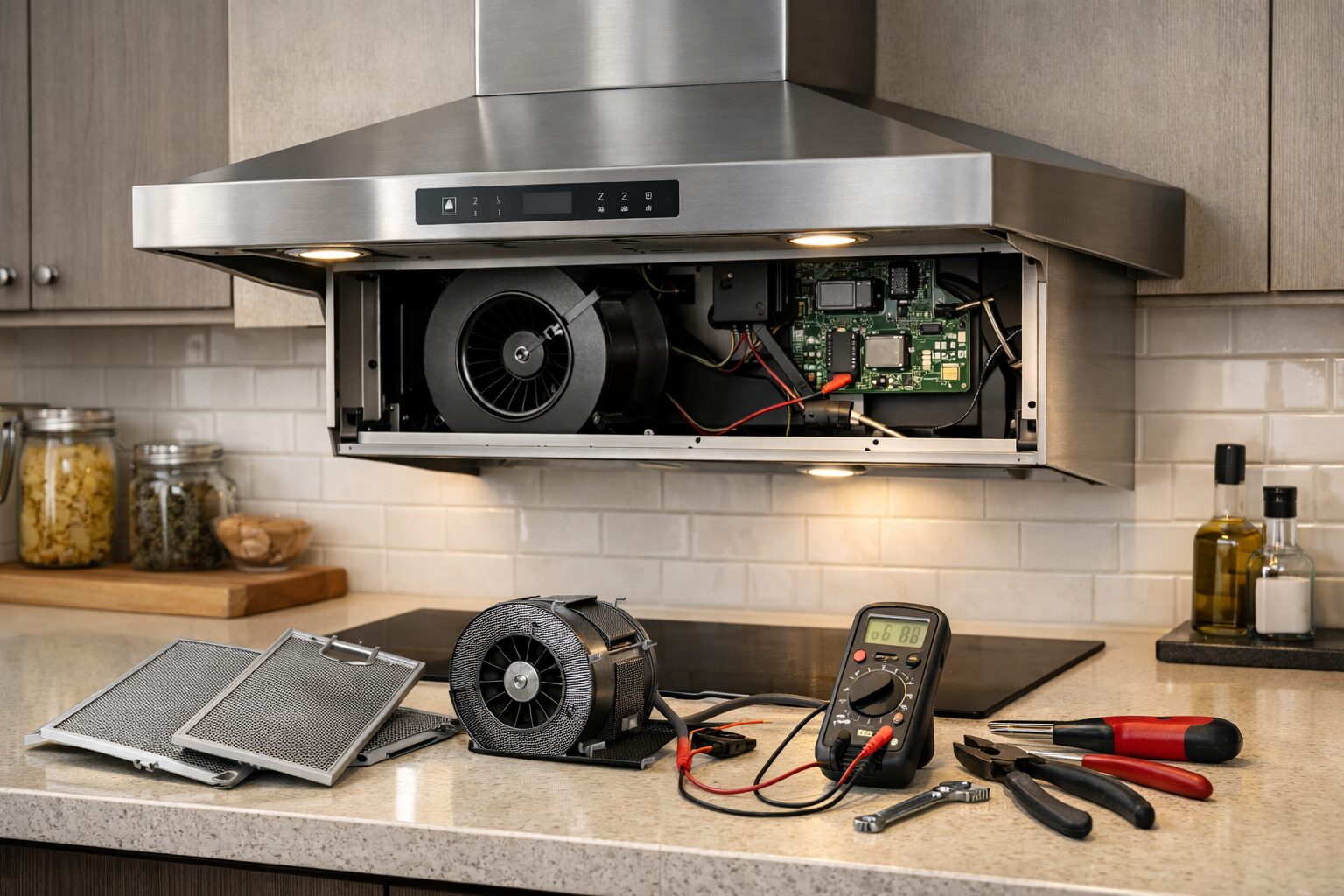 modern kitchen with a refurbished range hood installed above stove showing clean, functional appliance in use