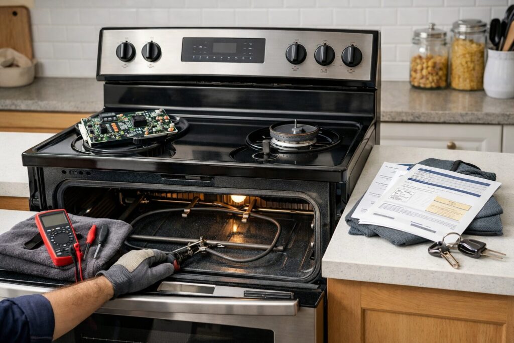 Technician inspecting a modern kitchen range with repair tools on a countertop in a bright home environment
